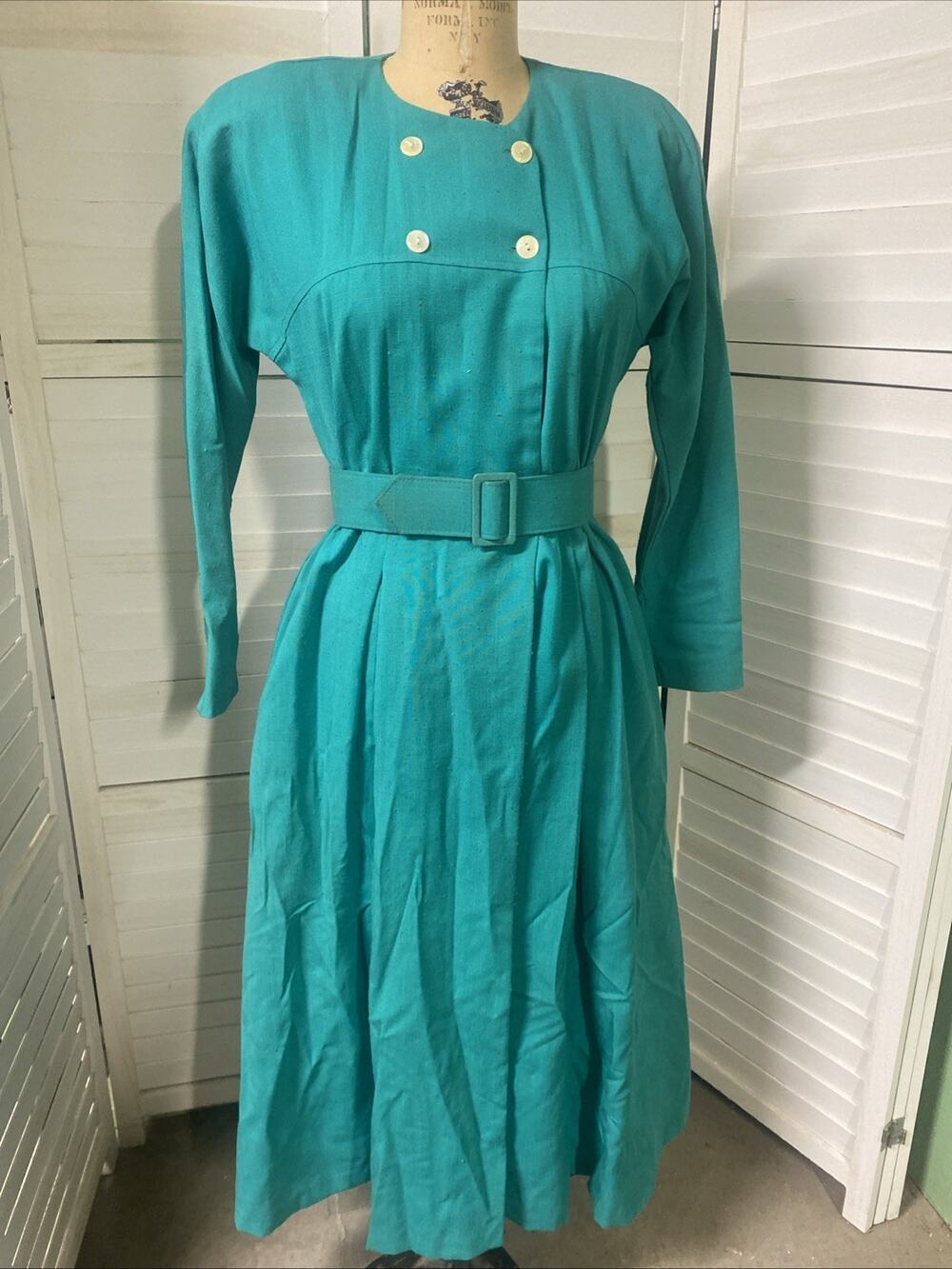 Vintage 80s Depeche Mode Belted Dress Shirt Dress Fit N Flare Teal Sz Small USA